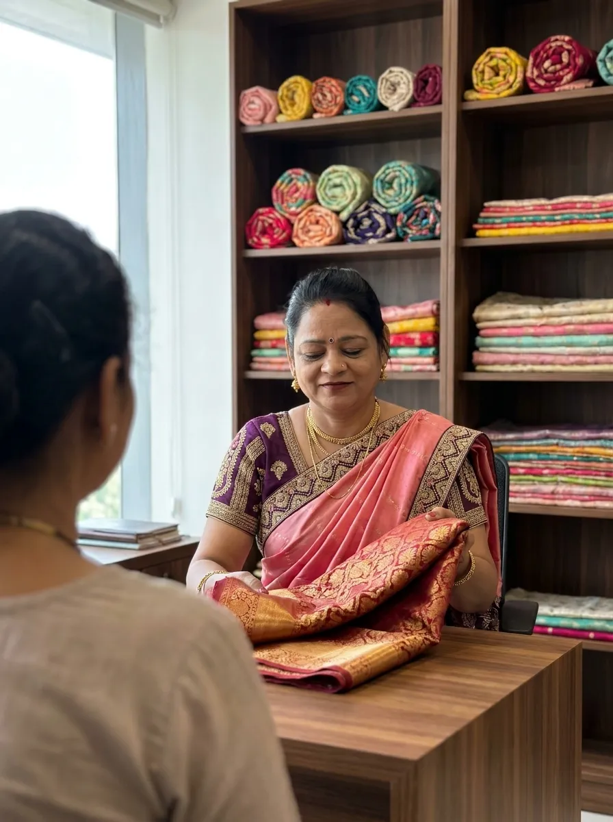 Artisan at work, carefully stitching fabric